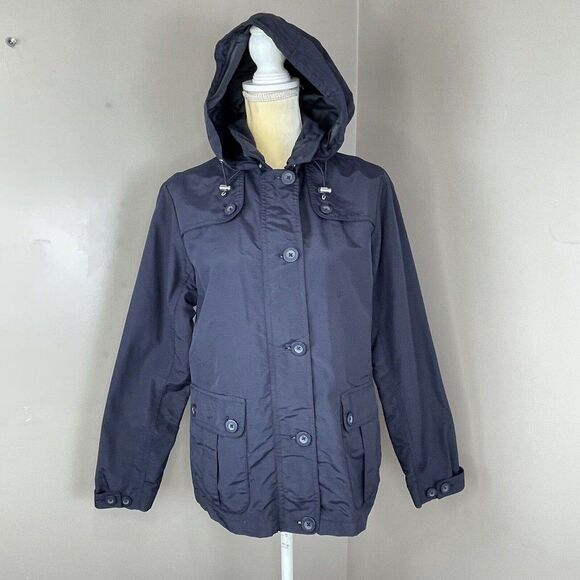 Lands’ End Women’s Hooded Jacket Small S 6-8 Navy Nylon Rain Windbreaker Coat - Picture 1 of 16